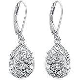 LOOVE Tree of Life Dangle Drop Earrings 925 Sterling Silver Teardrop Gemstone Birthstone Earring Tree of Life Jewelry Birthday Gifts for Women/Mother/Mom
