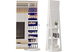 LVSOMT 360° Swivel Jewelry Mirror Cabinet with Lights, Standing Jewelry Armoire Organizer, 63" Rotatable Full-Length Mirror with Jewelry Storage, Lockable with Back Storage Shelve, White