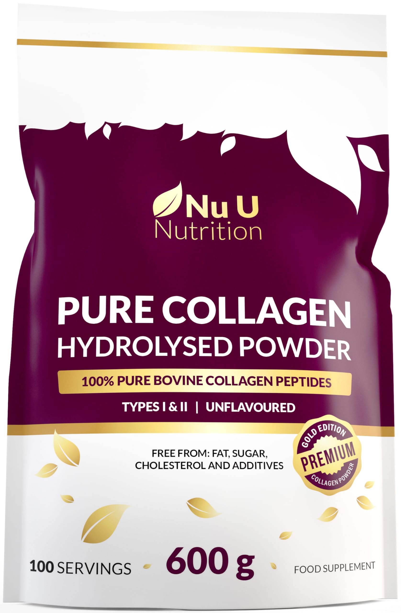 Collagen Powder 600g Large Pouch - 100 Servings - Premium Type I & II Bovine Collagen Peptides Hydrolysate Supplement Gold Edition - 3+ Month Supply - Unflavoured - Nu U Nutrition