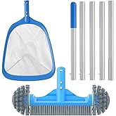 TidyMister 3PCS Cleaning Kit - 12.5'' Brush With Round End & 11'' Skimmer Net Fine Mesh & 5.7 Feet Thick Aluminum Pole 5-Segment, for Above Ground & Inground Pools Ponds