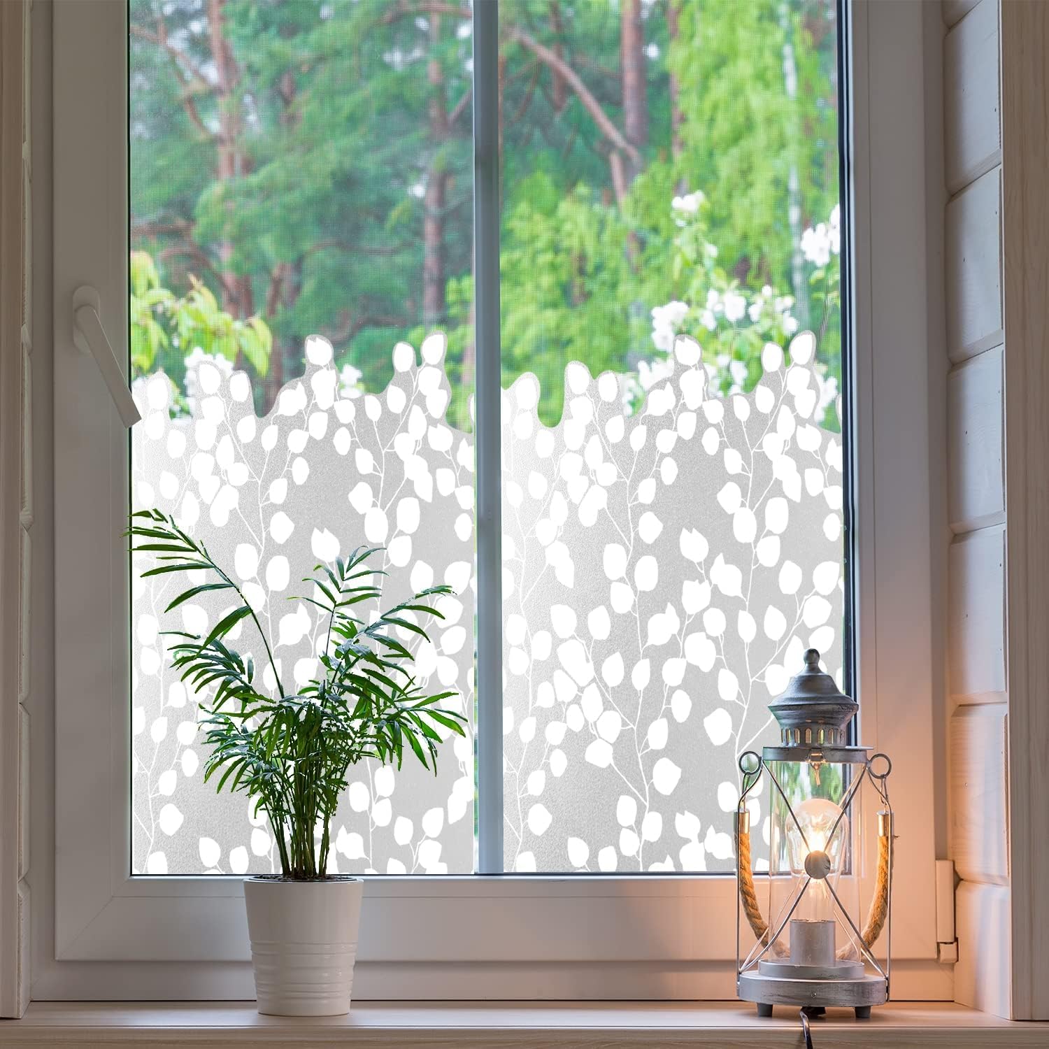 Chicskin 150X58CM Window Film Privacy for Glass Windows, Pure White Vintage Frosted Window film, Floral Window Clings for Kitchen Bathroom Office Bedroom, White Film Eucalyptus Leaf