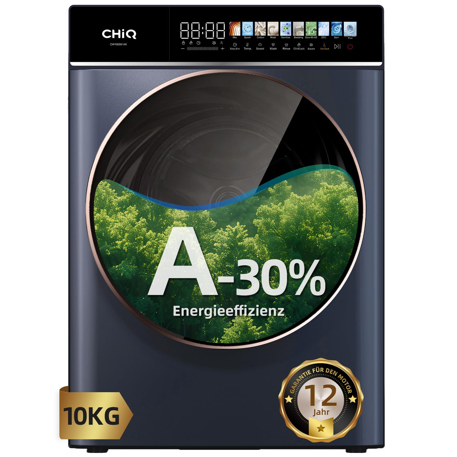 CHiQ Waschmaschine 10 kg, EEK A-30% | LED-Touchscreen, 1400 U/M | 12 Waschzyklen Speed Wash, Eco, Dampf, Timer | Frontlader washer, Wohnungen, Hotels, Schwarz, CW106581AX