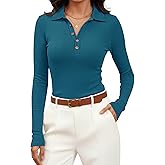 Meetrendi Women's Long Sleeve Business Casual Tops Collared V Neck Work Blouse 2025 Fall Button Fitted Polo Shirts