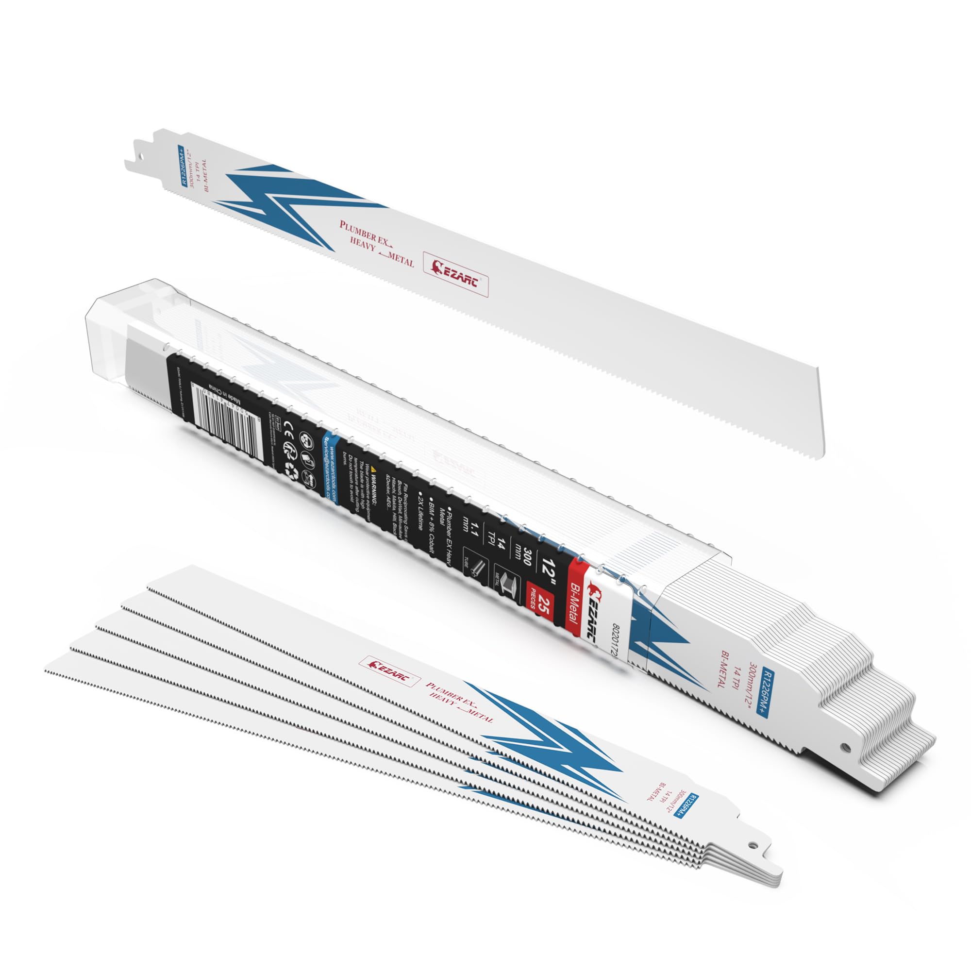 EZARC Reciprocating Saw Blade Bi-Metal Cobalt Sabre Saw Blades for Heavy Metal Cutting 300mm 14TPI R1226PM+ 25pcs