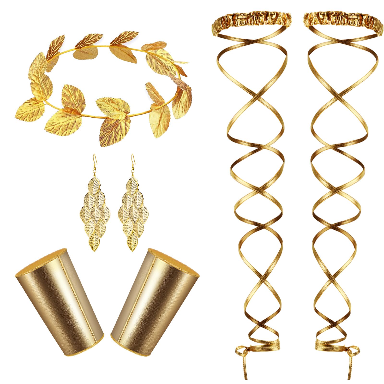 Jadive 4 Pcs Greek Goddess Accessories Goddess Toga Costume Leg Garter Gold Wreath Wristband and Earrings Set, Gold Garter Leg Wrap Leaf Crown Headdress Leather Wristband and Earrings for Women