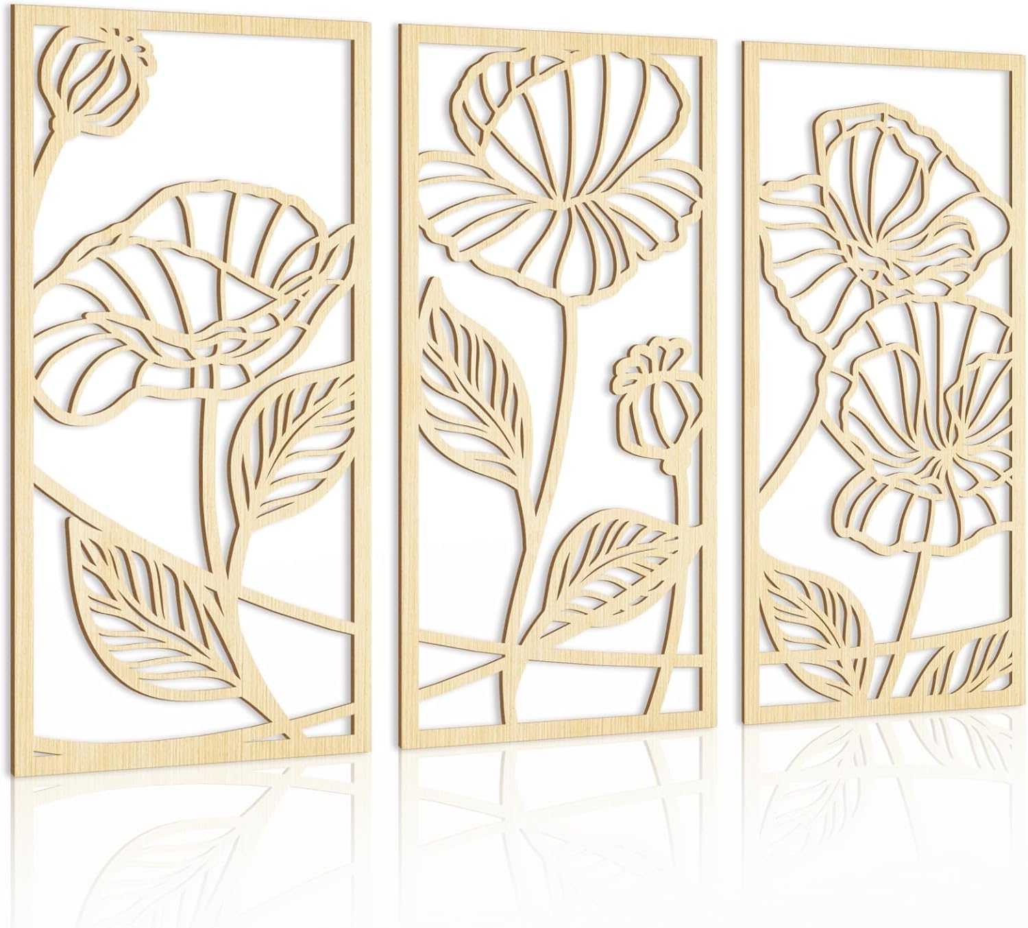 KAIRNE Minimalist Floral Wood Wall Art Boho Wall Decor for Living Room Line Flower Wall Sculpture 3D Hollow Wall Decor for Bedroom 3 Panel 16×32 Inches