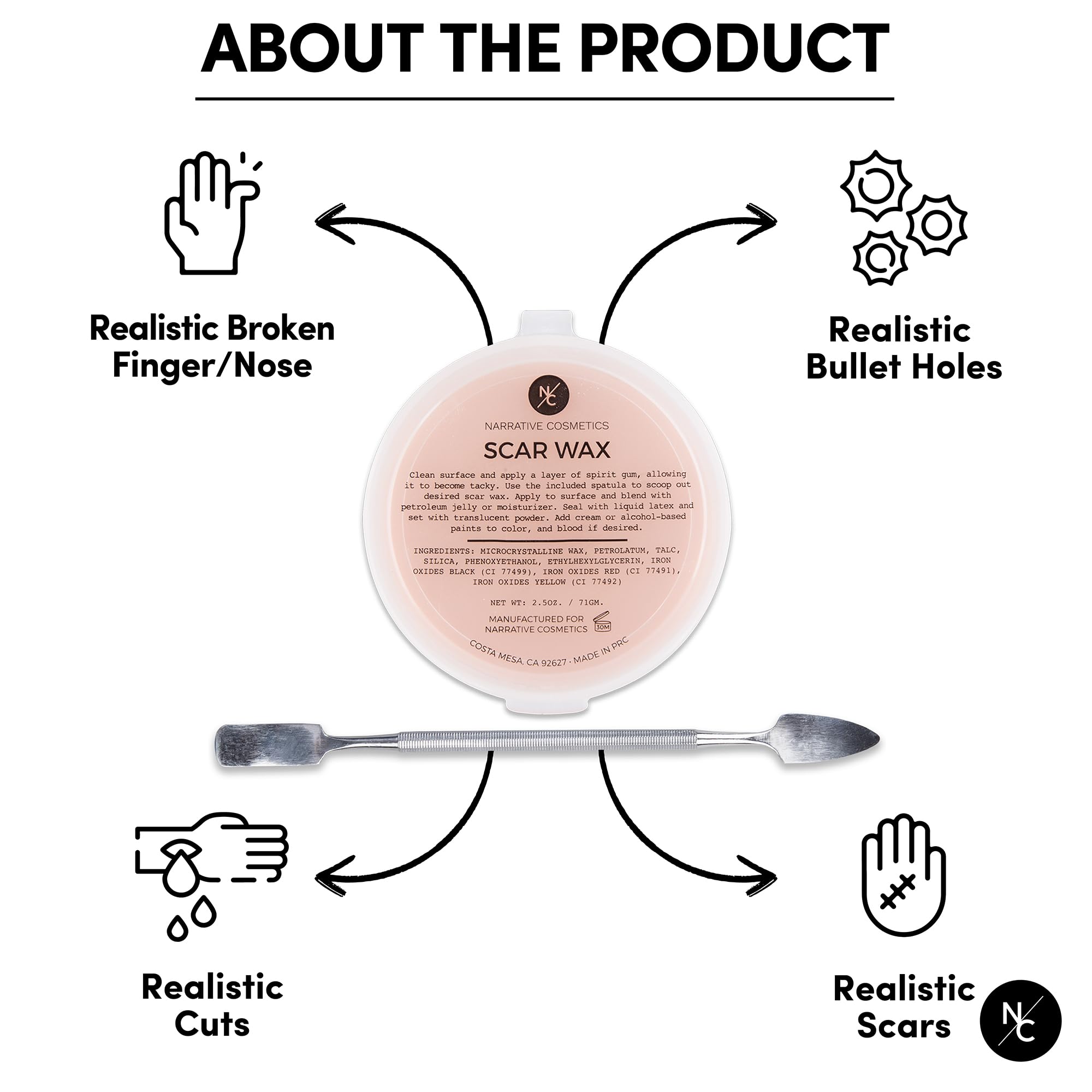 Narrative Cosmetics Scar Wax with Double-Ended Spatula, Moldable Wax for Realistic Cuts and Injuries, Professional Makeup for the Stage, Film, Costumes, Cosplay, SFX, Fair Color, 2.5 Oz.