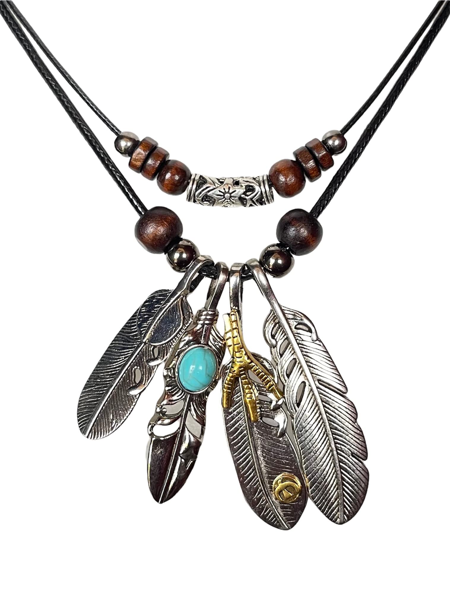 Photo 1 of Vintage Feather Eagle Claw Pendant Necklaces Men Boho Antique Silver Color Leaf Long Necklace For Women,four pieces of feathers can be freely combined to wear (2 Layer)