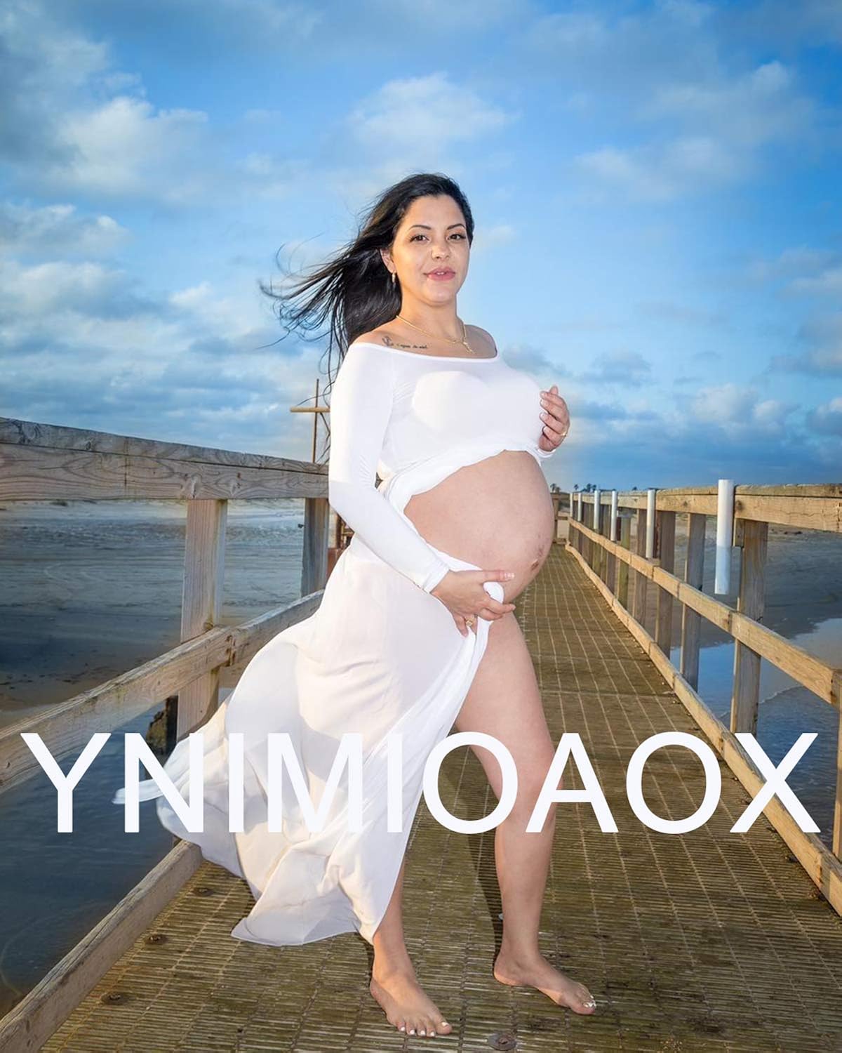 YnimioAOX Women's Off Shoulder Long Sleeve Maternity Dress for Photography Chiffon Maternity Gown for Photoshoot（A1-White at  Women’s Clothing store