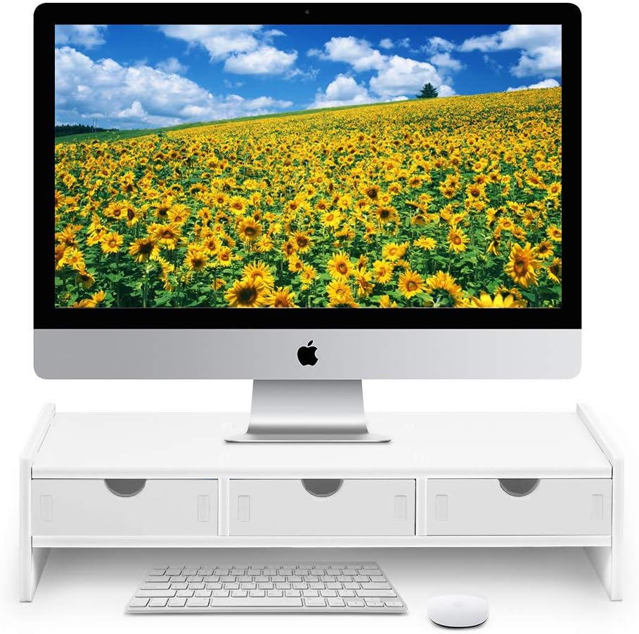 Monitor Stand Riser, Computer Laptop Riser Shelf with 3 Organizer Drawers (White, 19.5"L x 7.5"W x 4.7"H) (White)