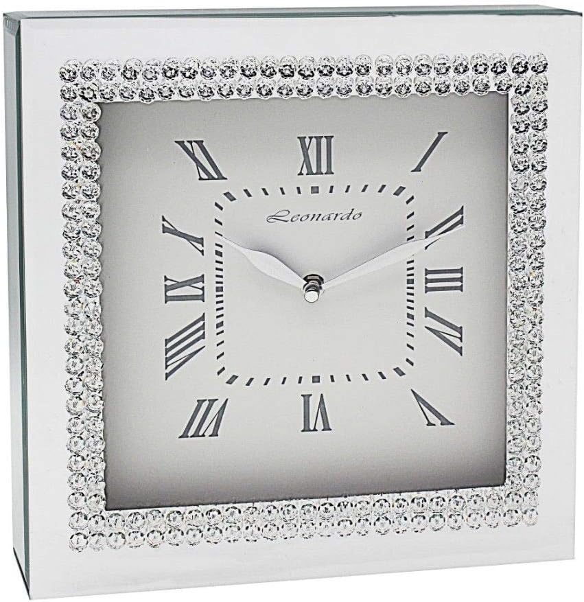 Annibells Large Silver Mirror Glass Diamante Square Mantle Clock - 30cm
