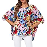 Ckikiou Womens Batwing Loose Chiffon Summer Blouse Tunic Floral Printed Boho Beach Cover ups