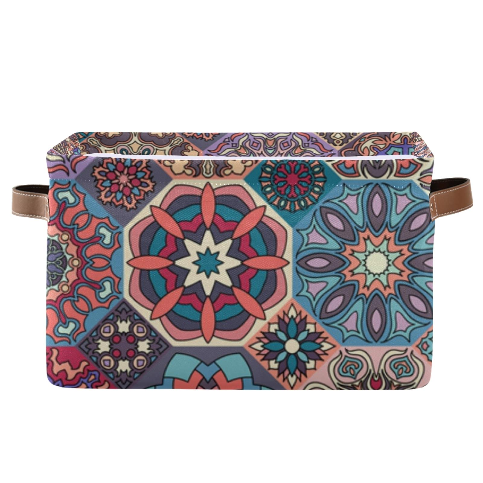 Mnsruu Large Foldable Storage Basket, Indian Mandala Moroccan Fabric Storage Boxes with Handles for Closet Bathroom