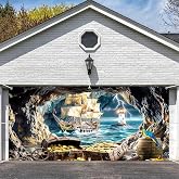 NYMB 16X7ft Halloween Garage Door Decorations Nautical Pirate Ship Garage Door Cover Adventure Seaside Lighthouse Girl Kids Boy Baby Shower Birthday Party Decoration Supplies