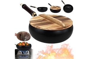 Nonstick Wok Pan with Lid, 9.4 in Uncoated Iron Pot, Iron Frying Pan with Wooden Handle for Electric Stoves, Induction Cooker