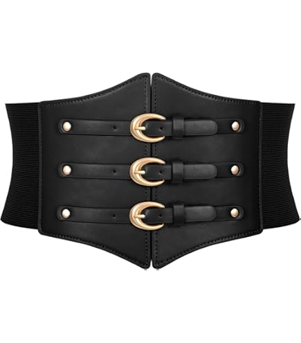 VETDQW Women's Wide Double Buckle Leather Belt, Black at Amazon