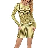 Kasopp Women's Sheer Mesh Printed Slim Sexy Mini Dresses Long-Sleeve Y2k Punk Party Cover Up Dress