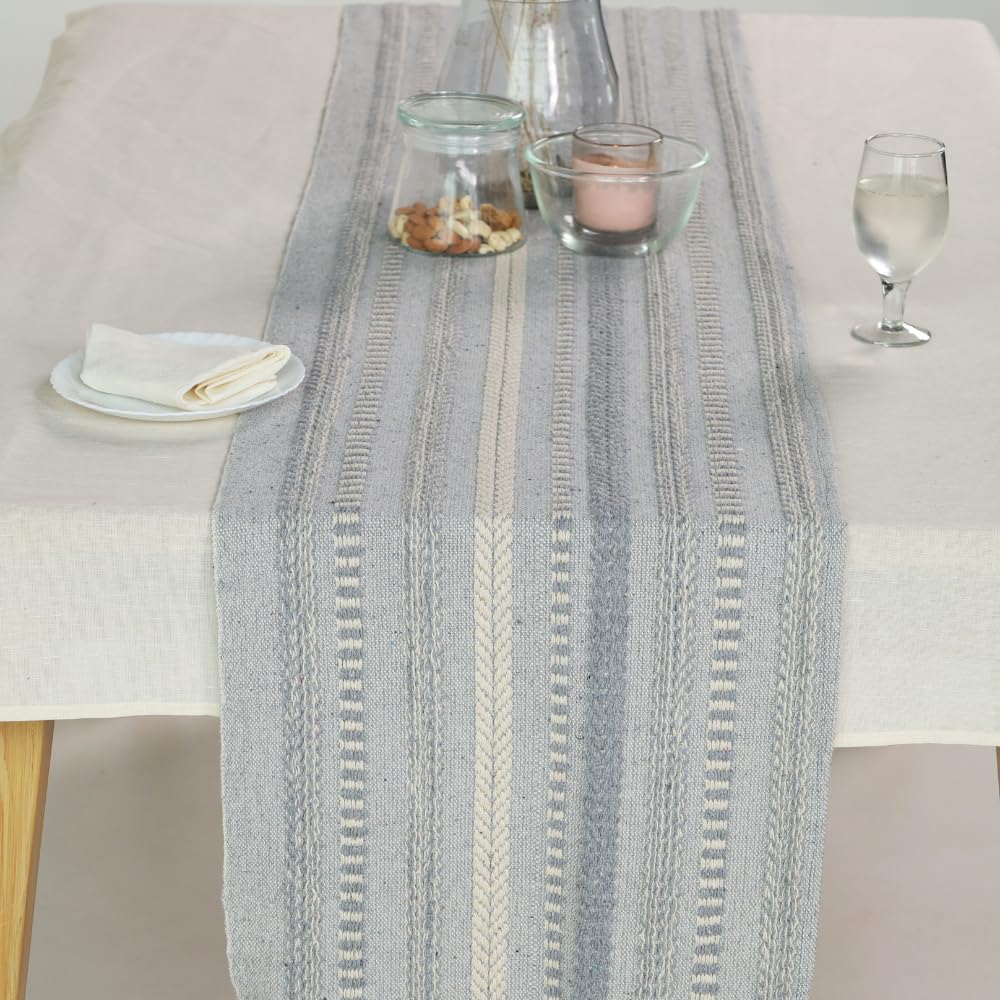 The Art Box Boho Cotton Fabric Table Runner Gray - 14x108 inch Morden Farmhouse Braided Stripe Kitchen Dining Table Runner Tassel for Wedding Home Decor