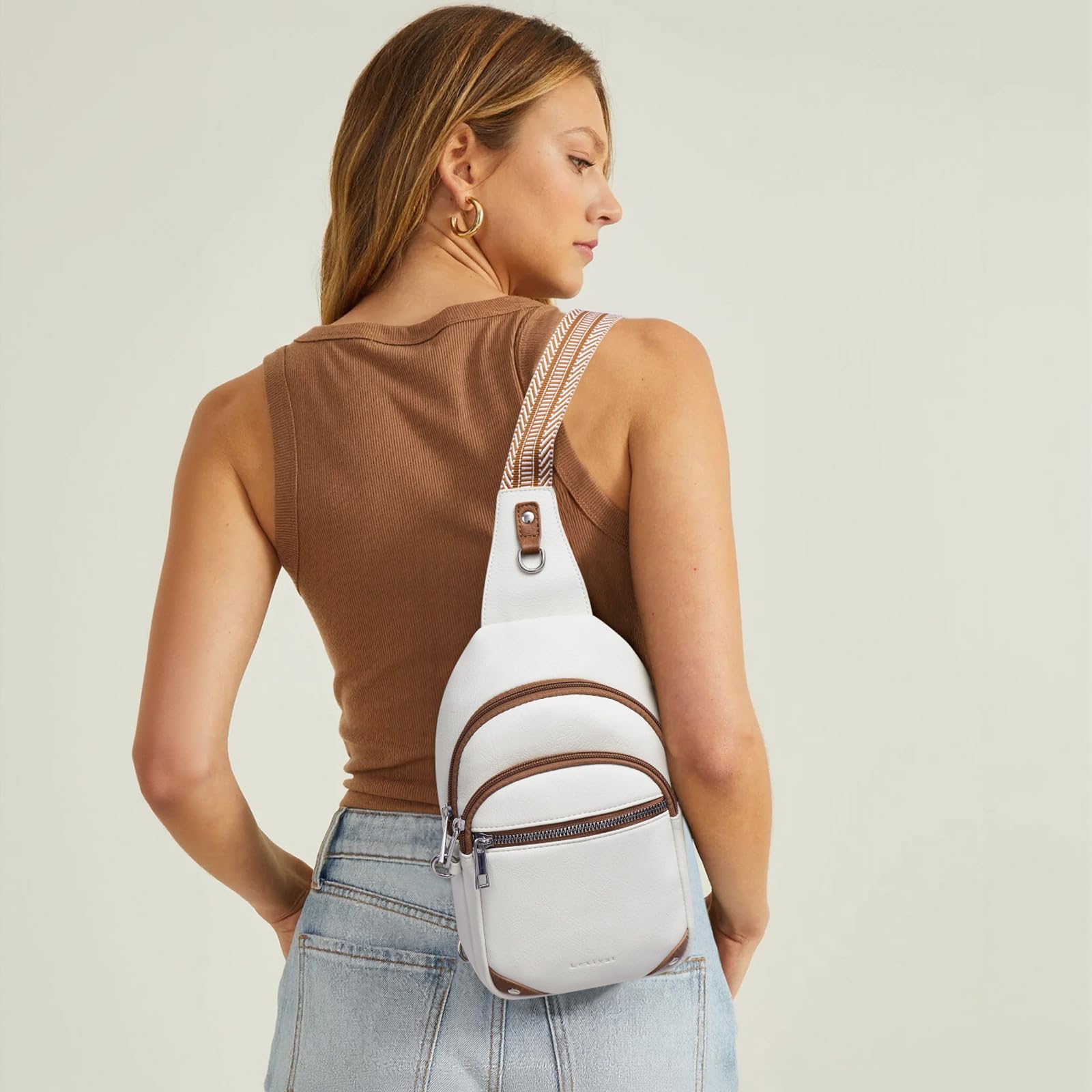 Lexiyat Anti Theft Crossbody Bags for Women Travel Chest Sling Bag Leather RFID Purse Fanny Pack Beige