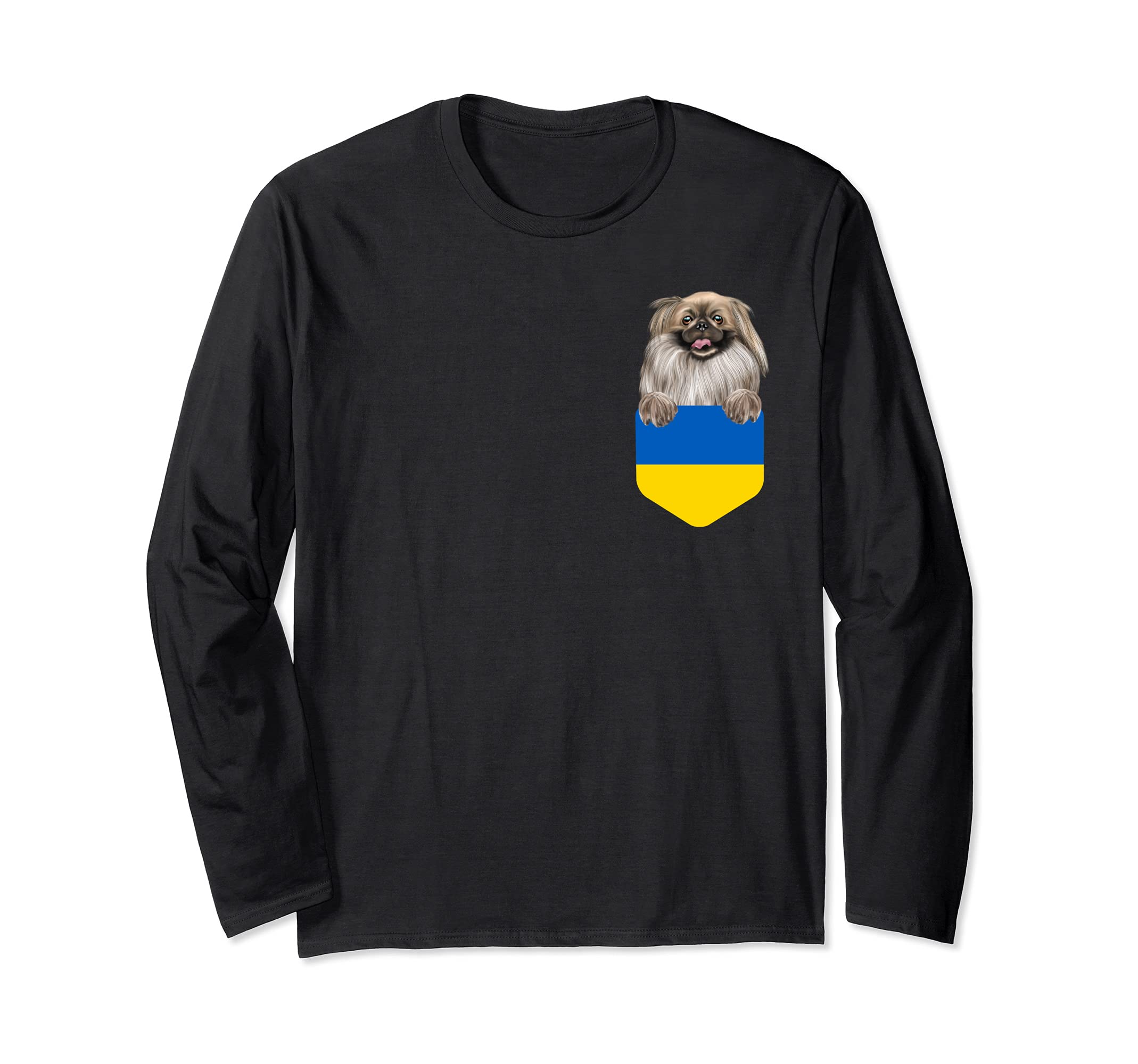 Ukraine Flag Pekingese Dog In Pocket Long Sleeve T-Shirt