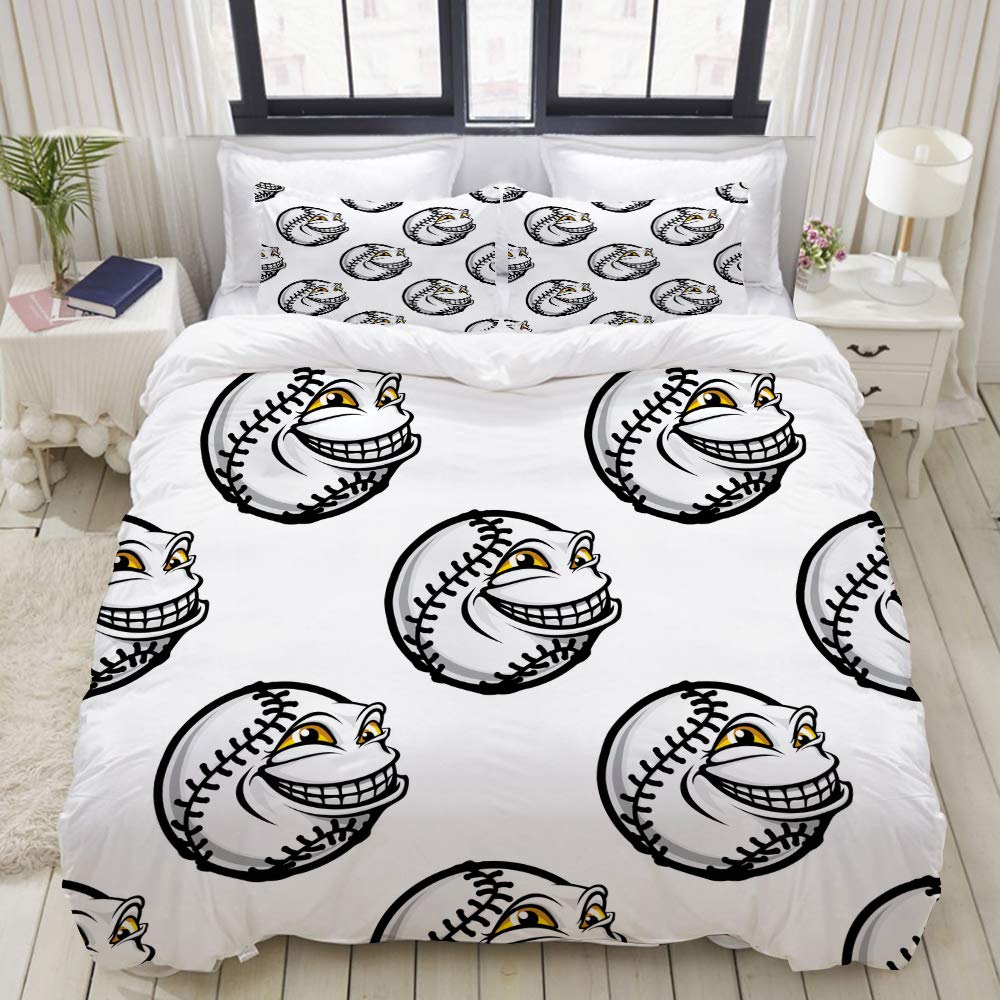 CANCAKA Duvet Cover Set, Funny Cartoon Baseball Ball Goofy face, Custom 3 Piece Bedding Set with 2 Pillow Shams, Queen/Full Size