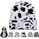 Unisex Cow Print Beanie with Fleece Lining Winter Warm Knitted Hat for Women Men Soft Cuffed Skull Cap