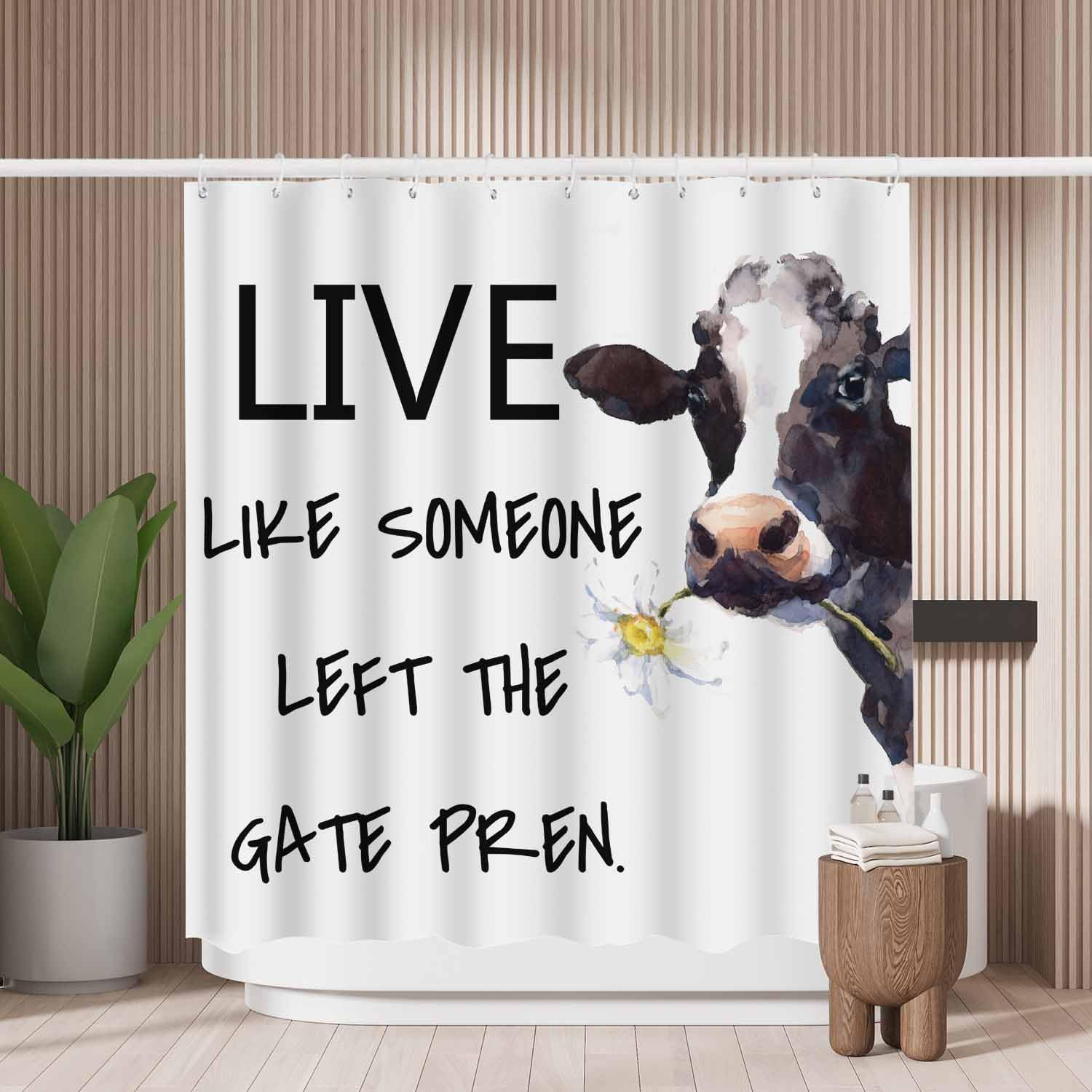 Woutay Shower Curtain Mould Proof Resistant Watercolor Cow Flower,Water Repellant Fabric,Polyester,with 12 Plastic Hooks