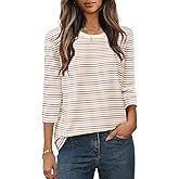MEROKEETY Women's 2025 Casual 3/4 Sleeve Tops Blouse Crewneck Colorful Striped Fall Loose Shirt