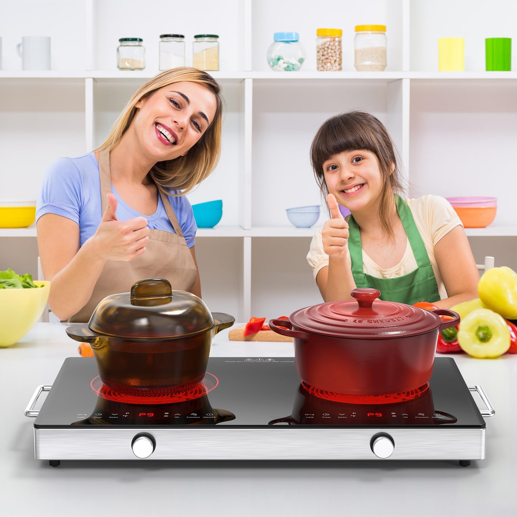 VBGK Electric Cooktop,110V 2400W Electric Stove Top with Knob Control,9 Power Levels, Kids Lock & Timer,LED touch control,Overheat Protection Electric stove,24 Inch desktop 2 burner