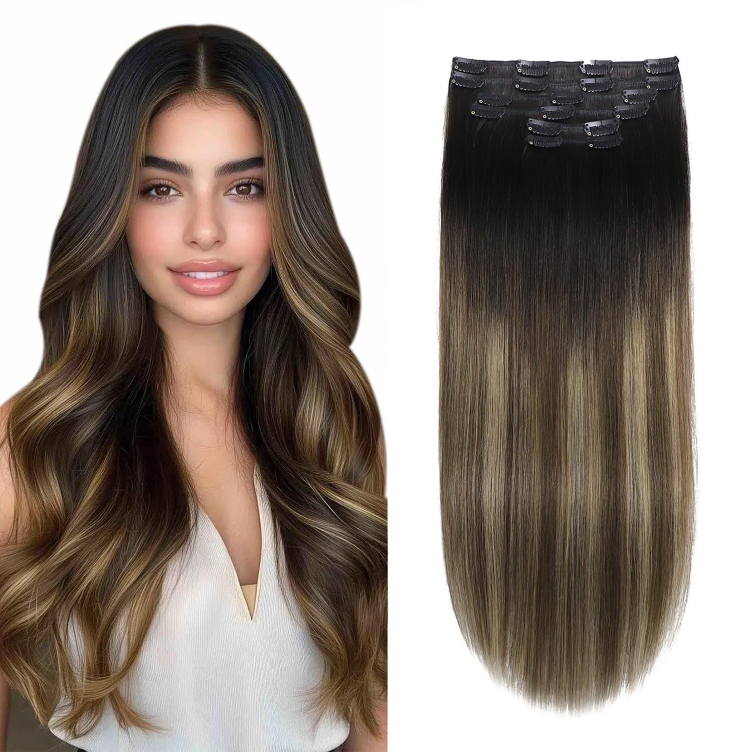 XDhair Clip in Hair Extensions Real Human Hair 18Inch 120g 6pcs Ombre Natural Black to Dark Brown Mix Blonde Balayage Clip in Hair Extensions for Fashion Women #1B/4/27 18inch