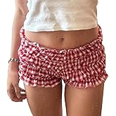 JINZIYINZI Womens Frilly Ruffle Micro Lolita Bloomers Shorts Y2k Low Rise Gingham Plaid Coquette Boxer Shorts Streetwear