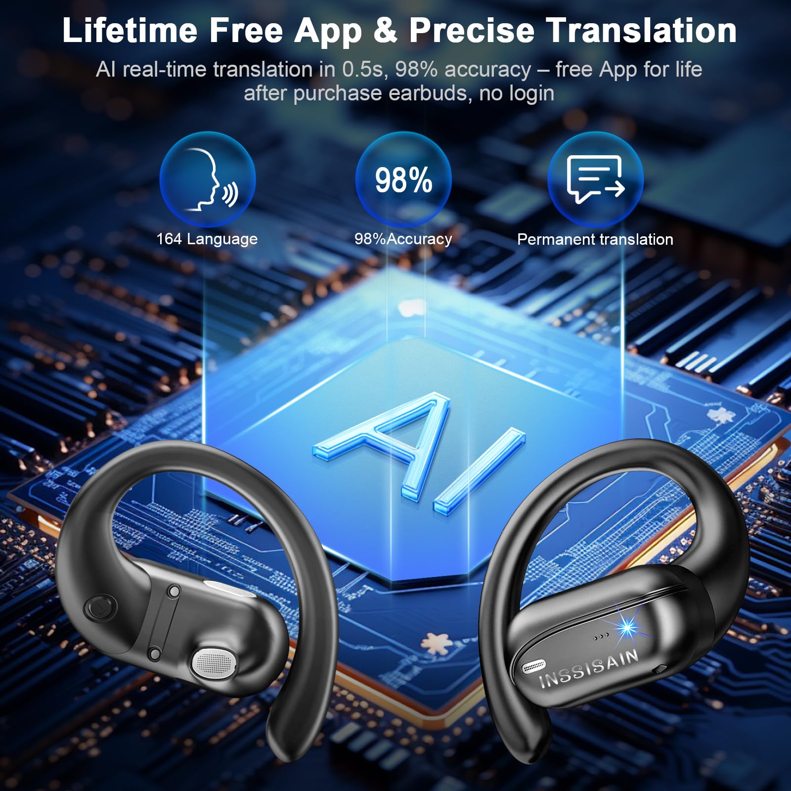 AI Translation Earbuds Real Time 164 Languages & Accents, Audifonos Traductores Inglés Español, IPX7 Waterproof & 10-Min Fast Charge, Bluetooth 5.4 Open-Ear Translator Earbuds for iOS/Android