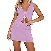 AIHUKOCY Women Sexy Knit Two Pieces Mini Skirts Set Sleeeveless V Neck Self Tie Slit Front Crop Vest Top Short Skirts Sets