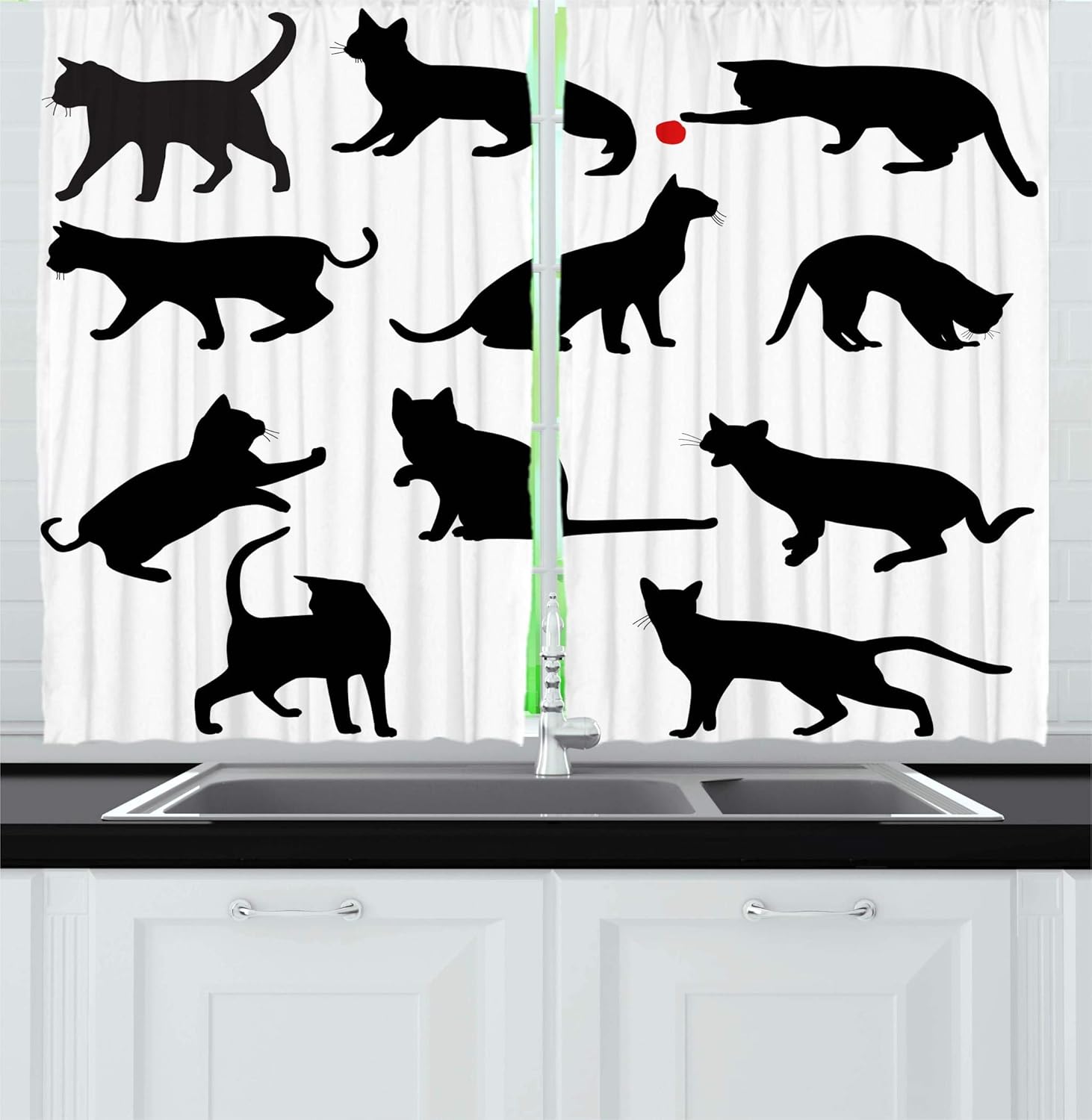 Ambesonne Cat Kitchen Curtains, Silhouette of Kittens in Various Postures Playing Red Ball Animal Pet Paw Print, Window Drapes 2 Panel Set for Kitchen Cafe, 55 W X 39 L Inches, Vermilion Black