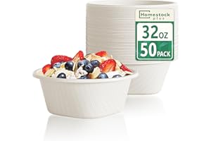 Homestockplus Disposable Soup Bowls 32oz [50 Pack] - Heavy Duty Deep Paper Bowls, Leakproof Compostable Containers for Ramen, Chili & Catering, Microwave Safe Bowls (White)