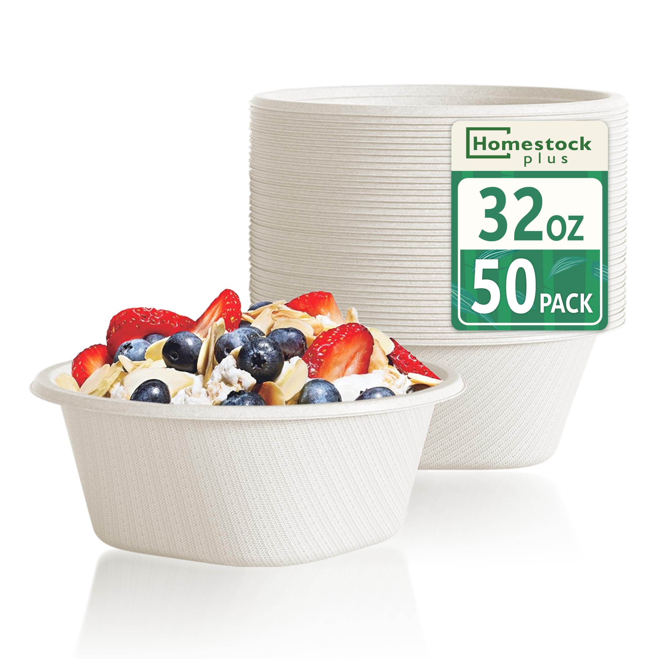 Photo 1 of Homestockplus Disposable Soup Bowls 32oz [50 Pack] - Heavy Duty Deep Paper Bowls, Leakproof Compostable Containers for Ramen, Chili & Catering, Microwave Safe Bowls (White)