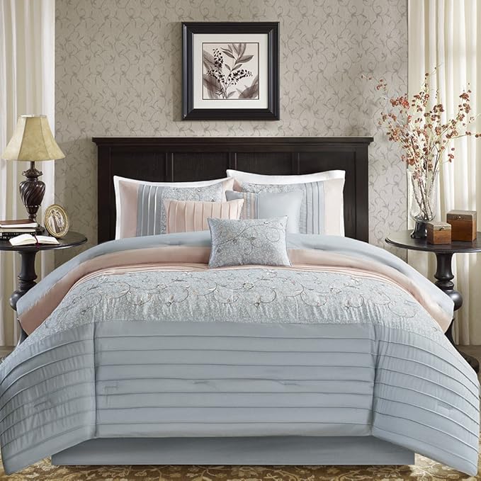 Madison Park Serene Comforter Reversible Solid Faux Silk Floral Flower Embroidered