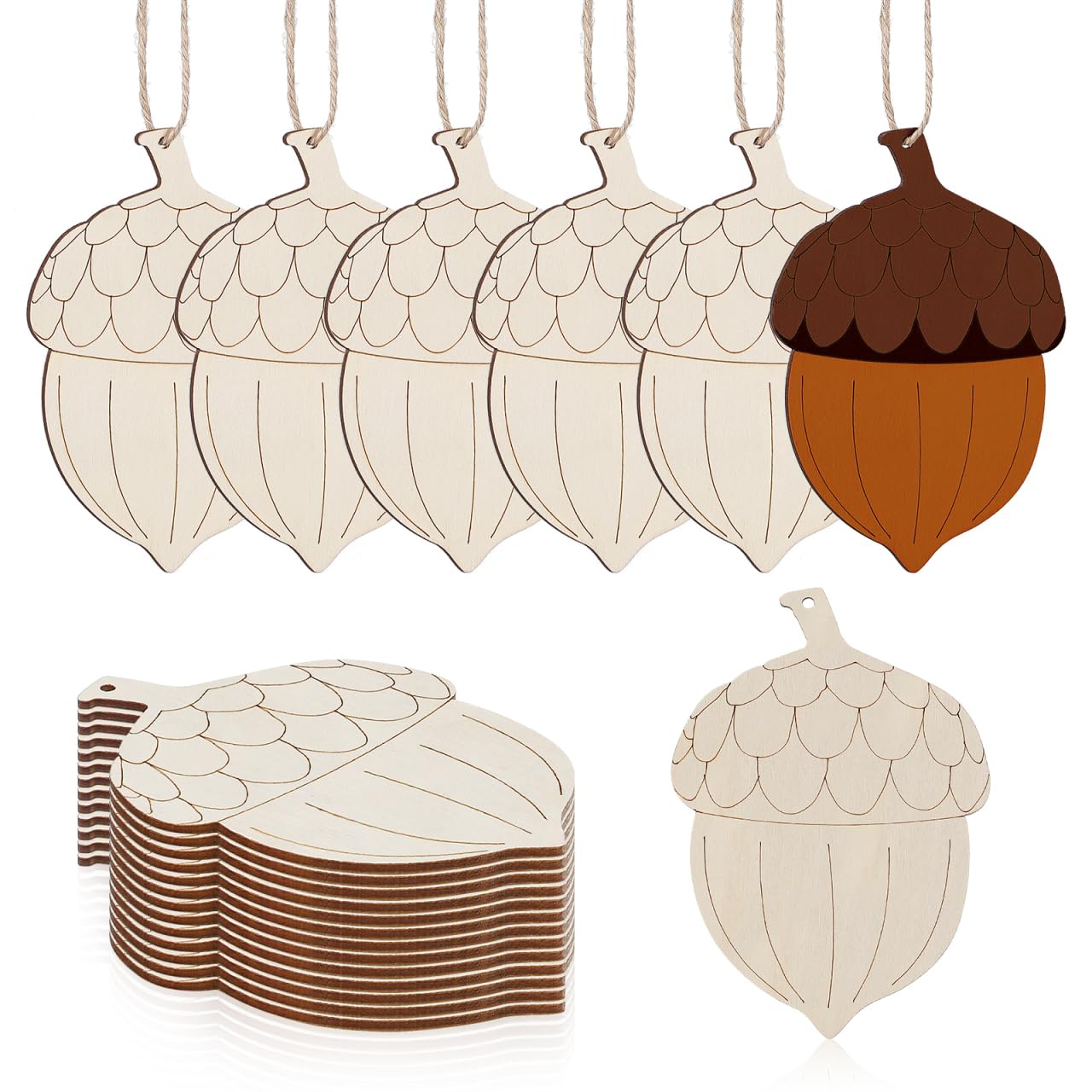 ORFOFE Wooden Acorn Cutouts 20 Pieces DIY Pine Cone Wood Slices with Rope for Christmas Tree Wall Hanging Xmas Pendants and Home Decoration