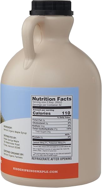 HIDDEN SPRINGS MAPLE ORGANIC VERMONT MAPLE SYRUP, GRADE A AMBER RICH, 32 OUNCE, 1 QUART, FAMILY FARMS, BPA-FREE JUG