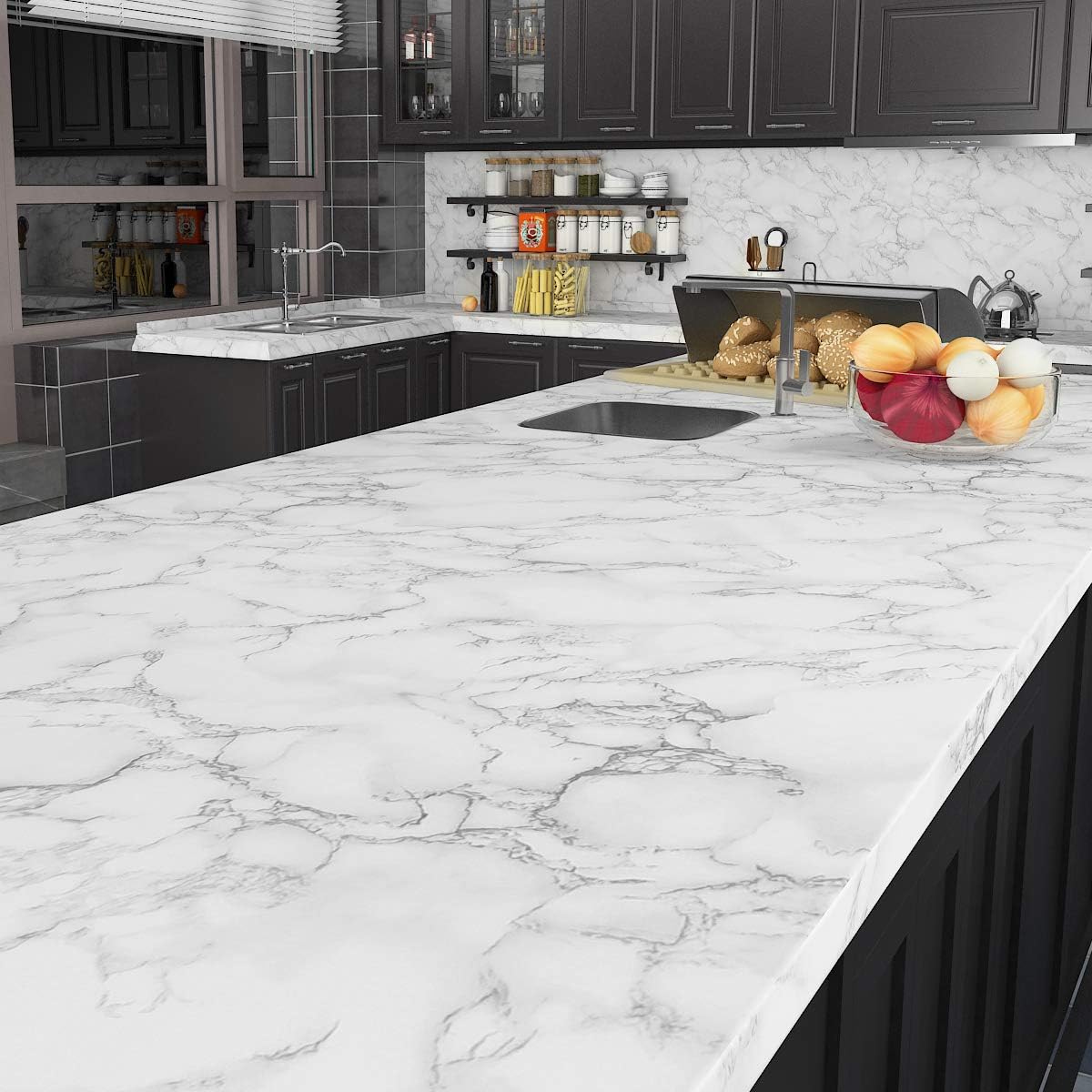 Livelynine 5M X 60 cm Matt Marble Sticky Back Plastic Roll White Marble Vinyl Wrap for Kitchen Worktop Covering Grey Washable Kitchen Wallpaper Self Adhesive Contact Paper Kitchens Counter Wrap - Image 3