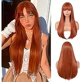 T-color Ginger Wig with Bangs for Women – Long Straight Heat Resistant Synthetic Wig for Daily Use, Party, Halloween, Cosplay – 24 Inch Ginger Wigs for Girls