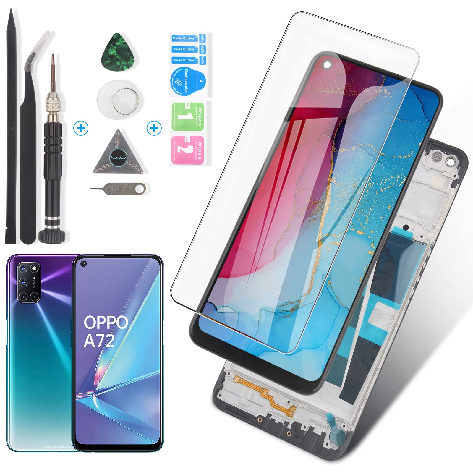 RongZy Screen Replacement for OPPO A72 4G CPH2067 LCD Display Touch Screen Digitizer Assembly with Tools(Black with Frame)