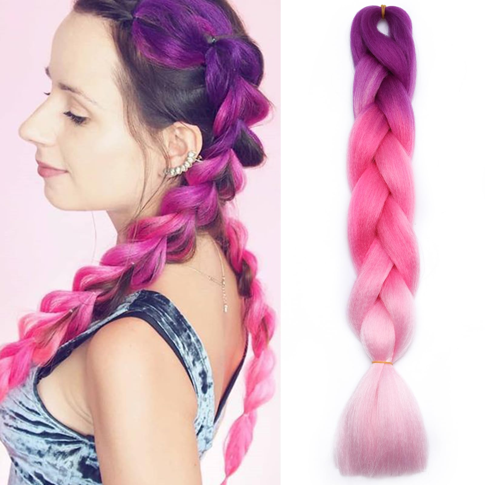 Silk-co Synthetic Hair for Braiding Jumbo Braids Extension 24 inch [100g] Afro Braids Crochet Twist Heat Resistant [Purple-Peach-Pink] — image 1