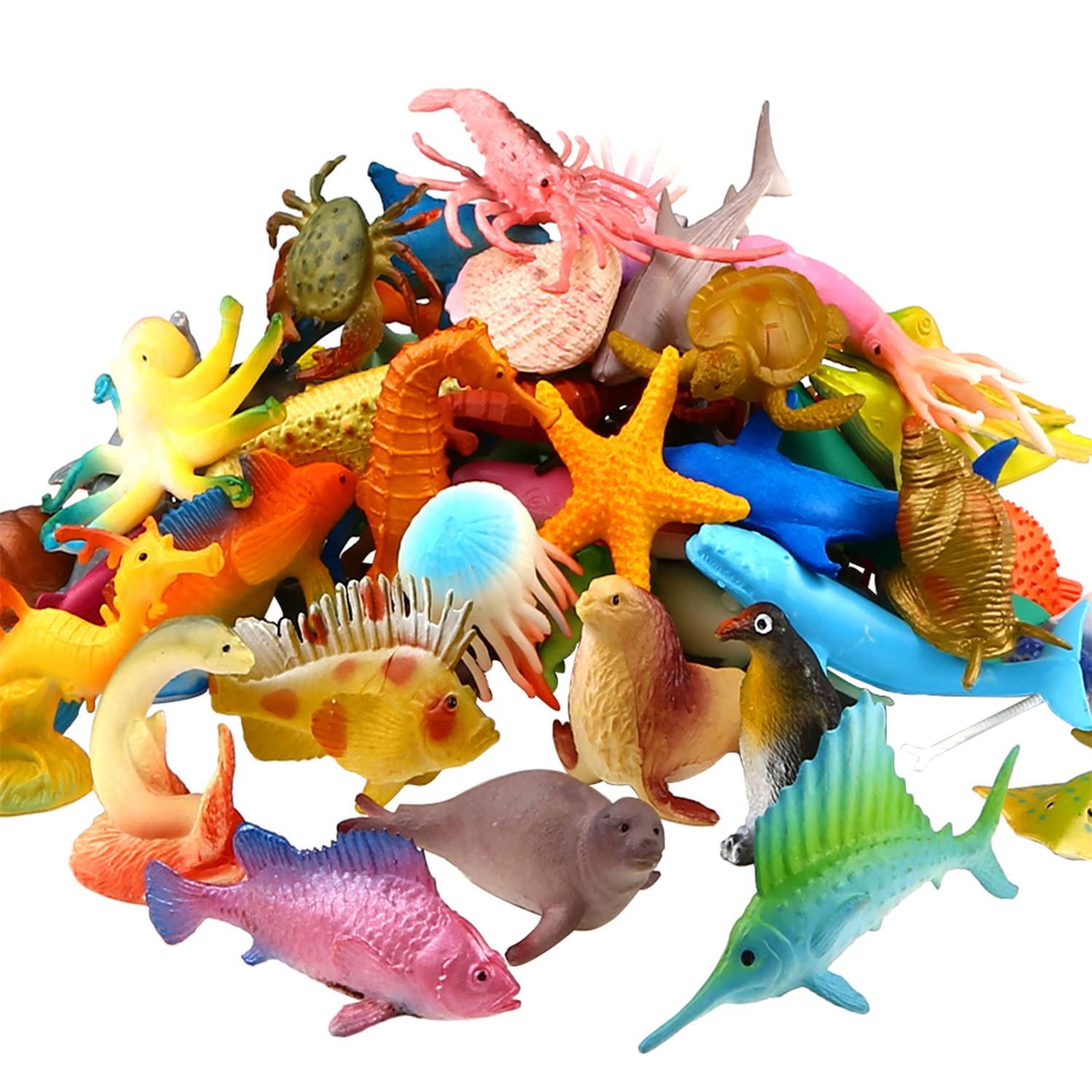 YeoNational&Toys 52 Pack Mini Ocean Animal Toy Set, Assorted Plastic Sea Figure Bath Toy, Vinyl Realistic Under The Sea Life Figure,for Child Educational Party Cake Cupcake Topper,Octopus Shark Otter