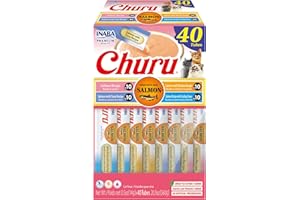 INABA Salmon Churu Cat Treats, Lickable, Squeezable Creamy Purée Cat Treat with Green Tea Extract & Taurine, 0.5 Ounces Each Tube, 40 Tubes, Salmon Variety Box
