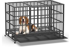 HIWOKK Heavy Duty Indestructible Dog Crate 42 Inch with Removable Tray, Sizes & Colors Optional, Escape Proof Double Door High Anxiety Cage Indoor, Kennel with Wheels for Large Dogs, XL XXL XXL
