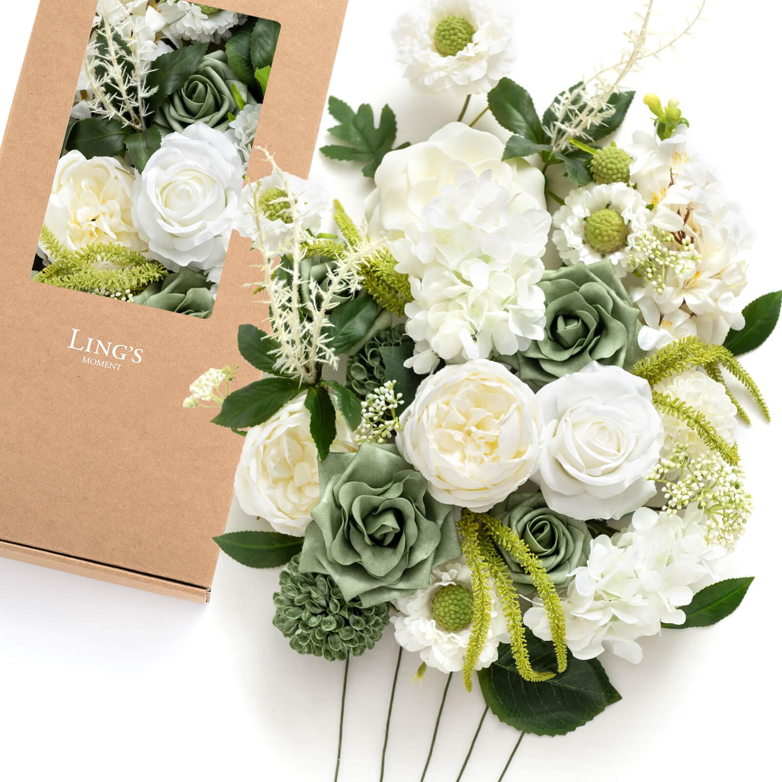 Photo 1 of Ling's Moment Fake Flowers Box, Artificial Faux Greenery Stems Silk Hyacinth Foam Rose for Wedding Bouquets Centerpieces Table Decorations Floral Picks Arrangements, White & Green, Deluxe Combo
