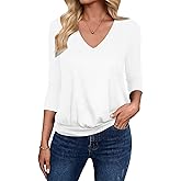 Sialois 3/4 Length Sleeve Womens Tops Cute T-Shirts Vacation V Neck Blouse Banded Bottom Casual Shirts Elbow Length Fashion Trendy Outfits Tunic 2026 Fall Tees Spring Summer Beach Clothes, White,S