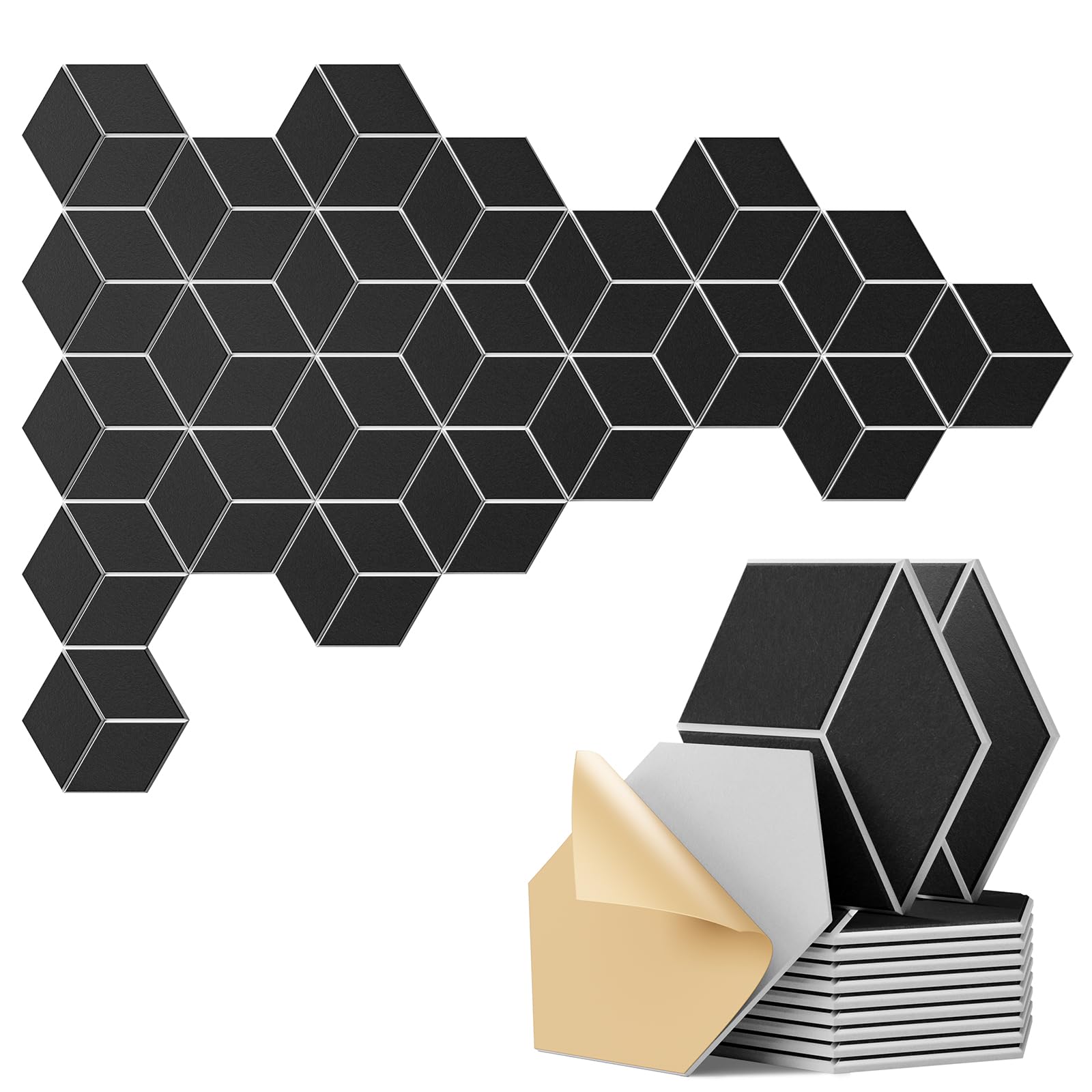 Photo 1 of 22-Pack Self-Adhesive Acoustic Panels, 12" x 10" x 0.4" – High-Density, Flame-Resistant Soundproof Foam. Absorbs Noise and Eliminates Echoes. Enhance Your Space with Hexagonal 3D Design(BlackFace)
