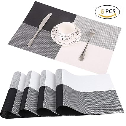 Getko With Device PVC Dining Table Kitchen Placemats, (Black & White,45X30cm) Set of 6
